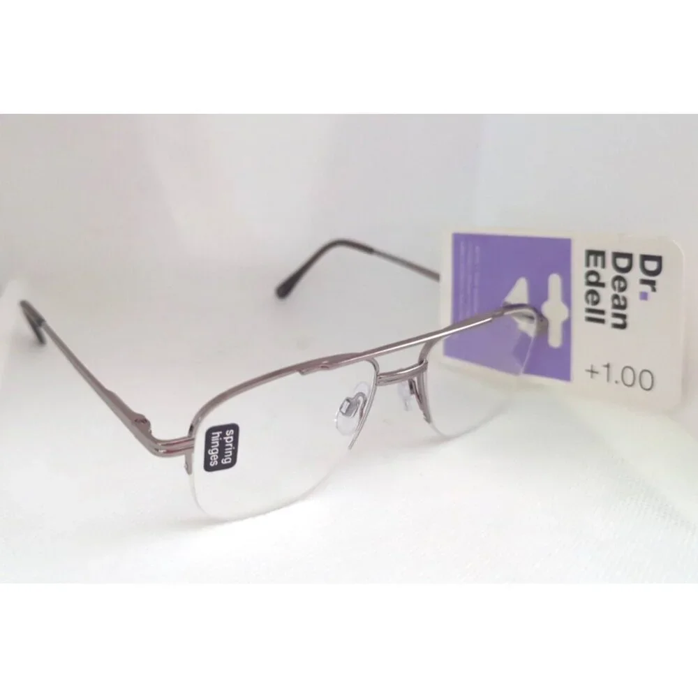 Dr. Dean Edell Reading Glasses Aviator Silver Half Rimless Spring +1.00 #50820